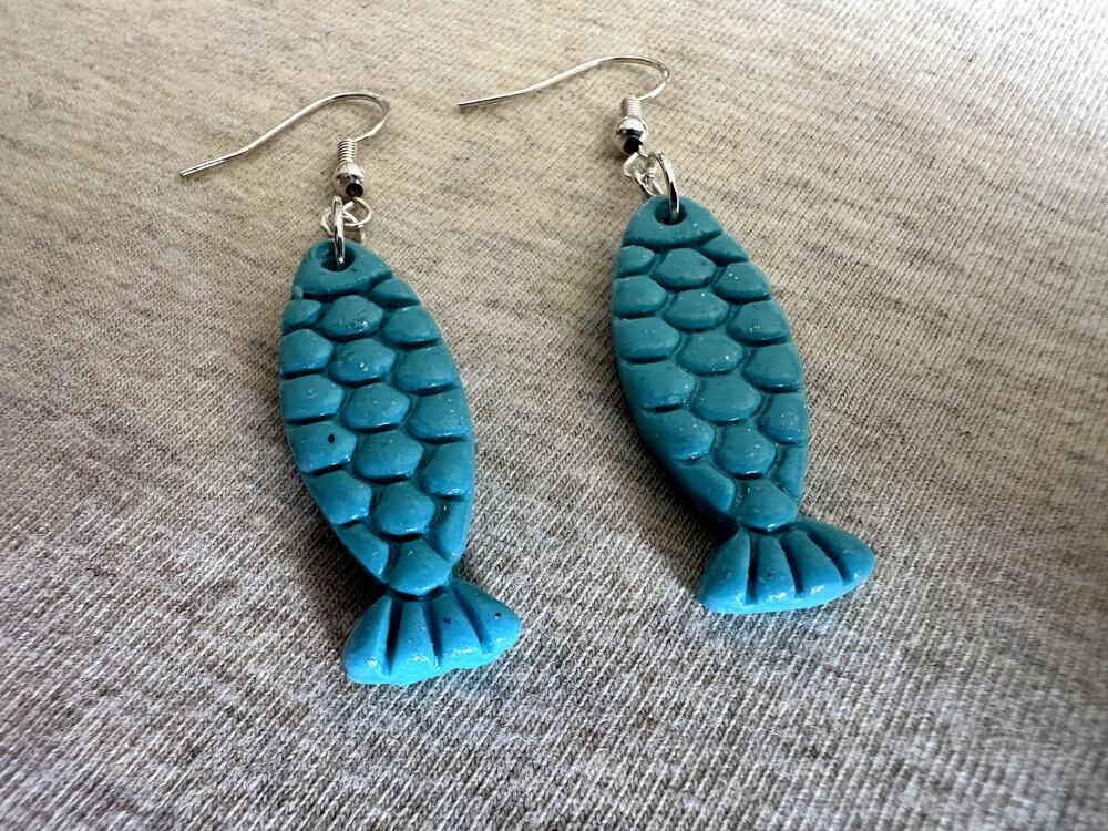 Handmade Turquoise Fish Polymer Clay Earrings